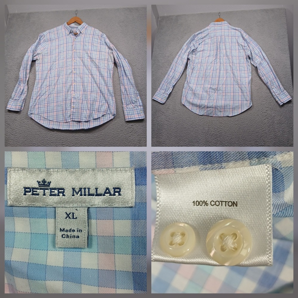 Peter Millar Button Down Shirt Men's XL Pastel Plaid Cotton Long Sleeve
